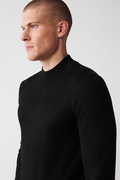 Avva Men's Black Half Turtleneck Wool Blended Front Patterned Knitwear Sweater A32Y5193