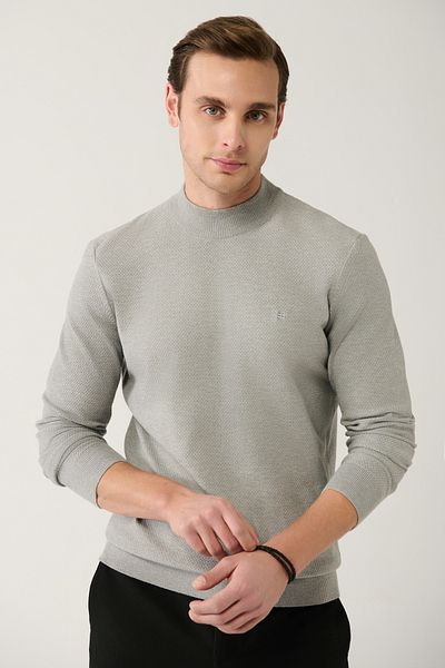 Avva Grauer Strickpullover mit halbem Rollkragen und strukturiertem Kragen für Herren A32y5166