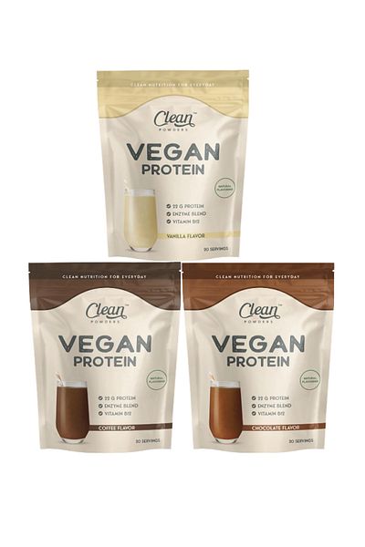 Clean Powders Vegan Protein 600 Gr - Chocolate - Vanilla - Coffee Set of 3