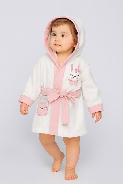 Ekebaby Mini Bunny Kız Bebek Kapüşonlu Bornoz – Tavşan Nakışlı – %100 Pamuk – 1-3 Yaş