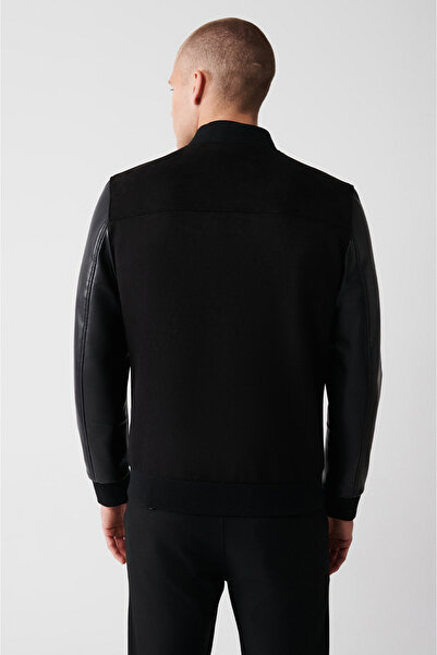 Avva Erkek Siyah Bomber Yaka Ribanalı Süet-Deri Görünümlü Mont A32Y6036