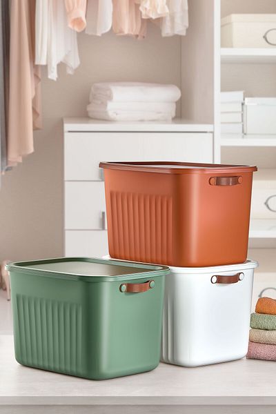 hemlife 3-Piece Storage Box 15 Lt Volume Plastic Organizer Storage Box (Tile, Green, White)