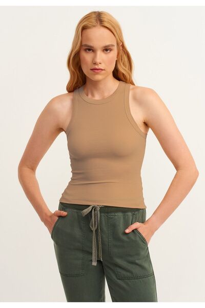 la & vetta Women's Mink Ribbed T-shirt Halter Neck Knitted Tank Top