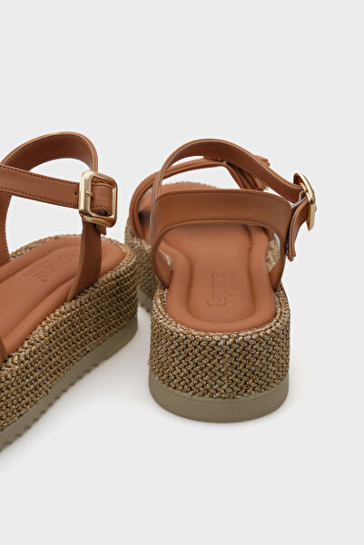 Capone Outfitters Vanda Wooden Single Buckle Leopard Straw Wedge Heeled Women's Sandals