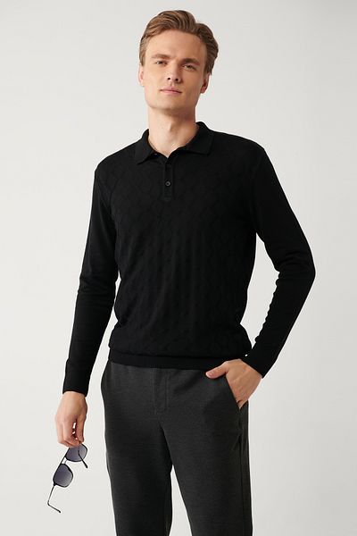 Avva Men's Black 3-Button Front Patterned Knitwear Sweater A32Y5088