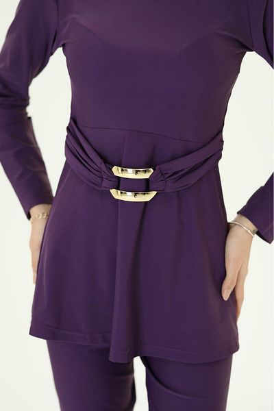 NS Tasarım Tesettür Mayo Aren Gold Buckle Detailed Design Hijab Swimsuit Set