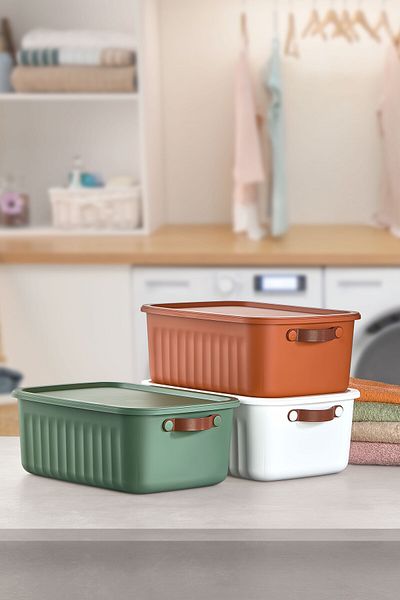 hemlife 3-Piece Storage Box 10 Lt Volume Plastic Organizer Storage Box (Tile, Green, White)