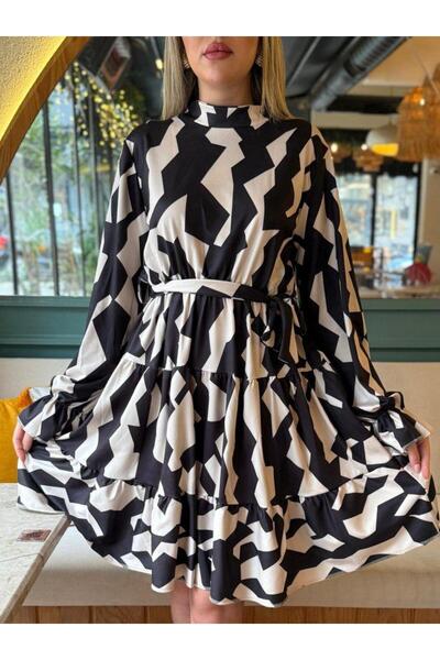 MODA Rochie de damă cu mânecă lungă, semi-gât țesut, cu model geometric, rochie scurtă de scafandru