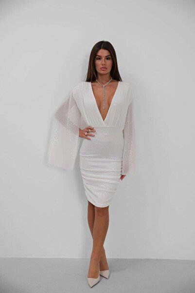 POLEXP Bat Sleeve Double Breasted Backless Sequin Dress