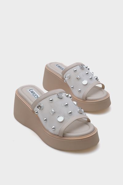 Capone Outfitters Charlot Wedge Heeled Genuine Leather Stone Mesh Comfort Women's Slippers