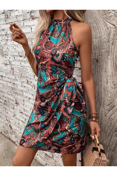 ARONA Γυναικείο Φόρεμα με Κοντό Ζέρσεϊ και Μπλούζα με Μικρή Λαιμόκοψη και Σταυρωτό Δέσιμο στο Πλάι