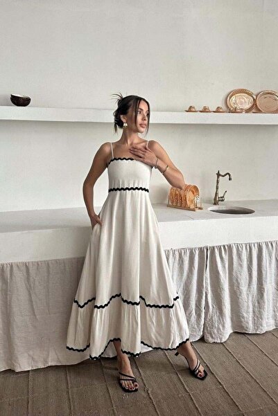 BÜŞRA TEZEL MODA Λινό φόρεμα με λεπτομέρεια σε μπεζ ρίγες