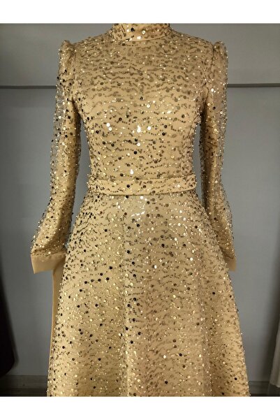 Bijutek Βραδινό φόρεμα Hijab για ειδικές περιστάσεις με πέτρες και χάντρες με φουσκωτά μανίκια