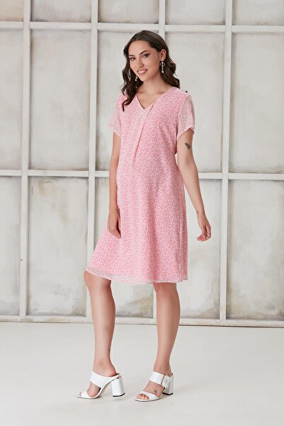 Işşıl 4521-pileli V Yaka Kalp Desen Hamile Mini Şifon Elbise