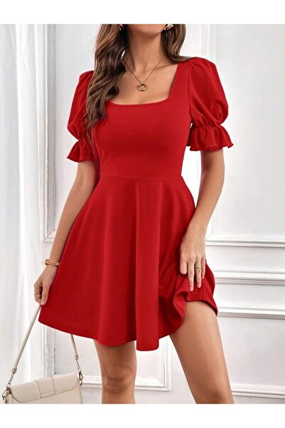 isez Women's Short Sleeve Square Collar Kilos Imported Crepe Dress