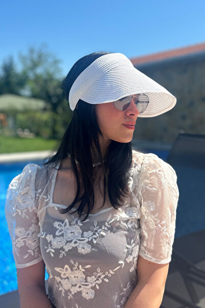 Mavelle قبعة نسائية صيفية ذات حافة واسعة بيضاء للشاطئ وقبعة شمسية من القش