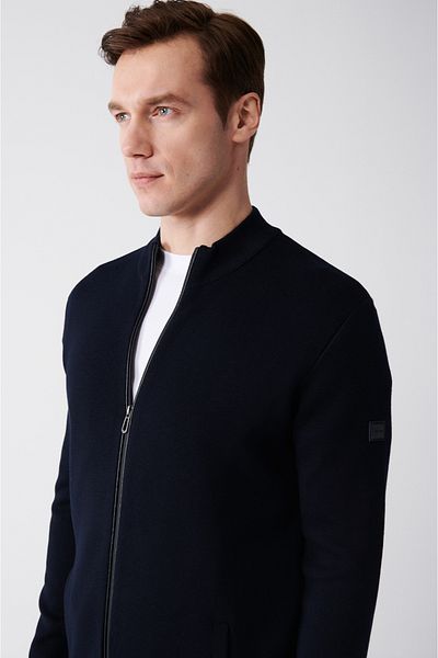 Avva Men's Navy Blue Stand Collar Zippered Knitwear Cardigan A31Y5101