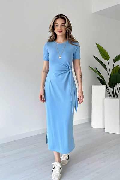 Aventien Modal Fabric Blue Midi Dress with Side Ties