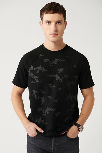 Avva Men's Black Crew Neck Printed Raglan Sleeve T-Shirt A32Y1181