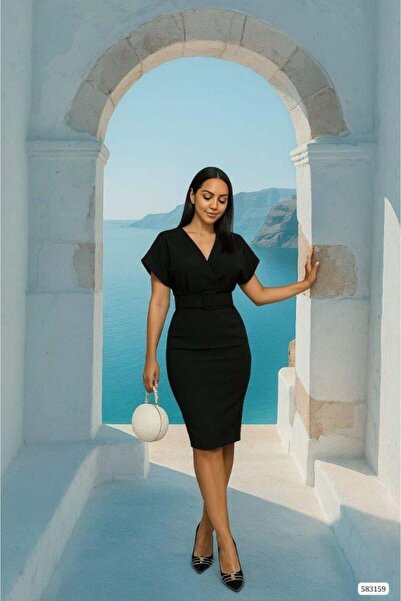 DoğaMilya Butik Women's Diver Crepe V-Neck and Back Low-Cut Detailed Dress