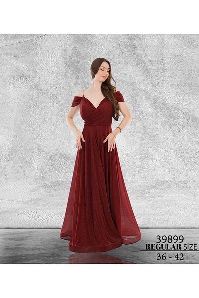 Bijutek Burgundy and Plum Maxi Zero Sleeve Glitter Tulle Evening Dress Special Occasion - Invitation / Graduation Dress