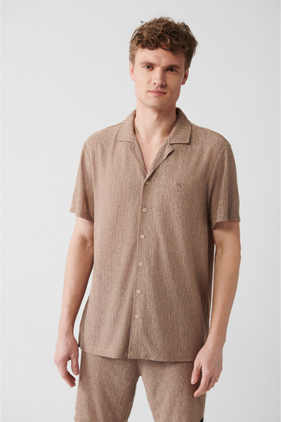 Avva Men's Beige Cuban Collar Easy-Iron Shirt A31Y2114