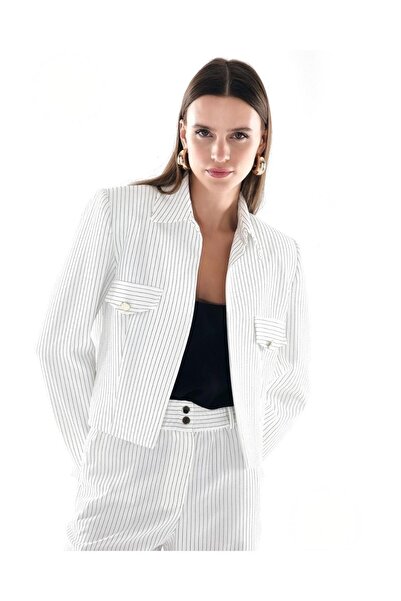 MODA Kadın Çizgili Gold Düğmeli Kısa Ceket Pantalon Takım