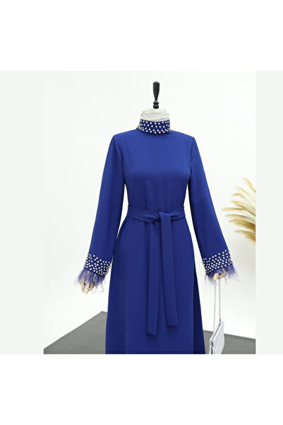 Bijutek Yakası ve Kolları Taşlı Tüy Detaylı Bağcıklı Saks Elbise Özel Gün -Davet Abiyeleri