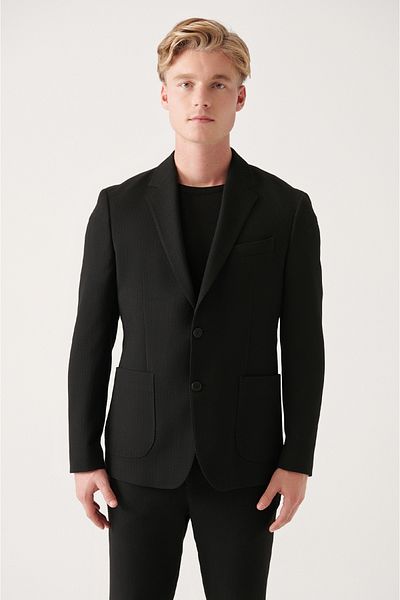 Avva Men's Black Lined Flexible Fabric Double Slit Jacket A31y4002