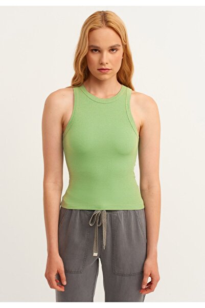 la & vetta Women's Pistachio Green Ribbed T-shirt Halter Neck Knitted Tank Top