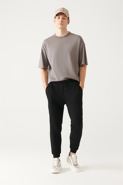 Avva Men's Black Cotton Sweatpants with Lace-Up Waist and Elastic Legs A31Y3412
