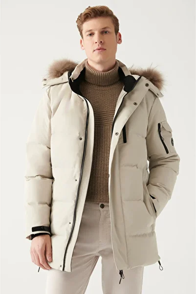 Avva Men's Beige Goose Feather Padded Thermal Inflatable Water Repellent Jacket A22y6099