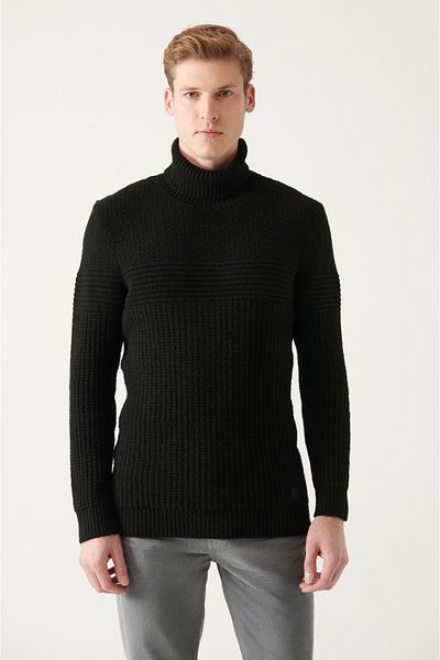 Avva Men's Black Full Turtleneck Textured Knitwear Sweater A22Y5023