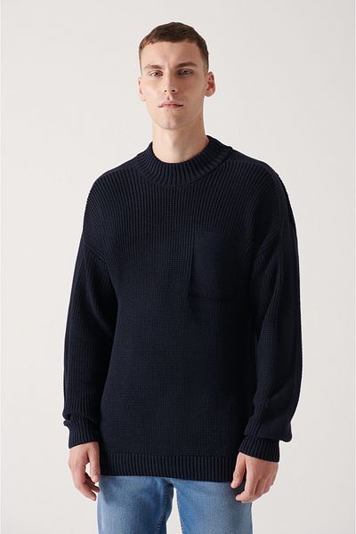 Avva Marineblauer, lockerer Strickpullover aus Baumwolle mit Rundhalsausschnitt für Herren A22y5007