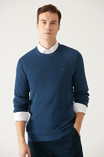 Avva Men's Indigo Crew Neck Jacquard Knitwear Sweater A22Y5178