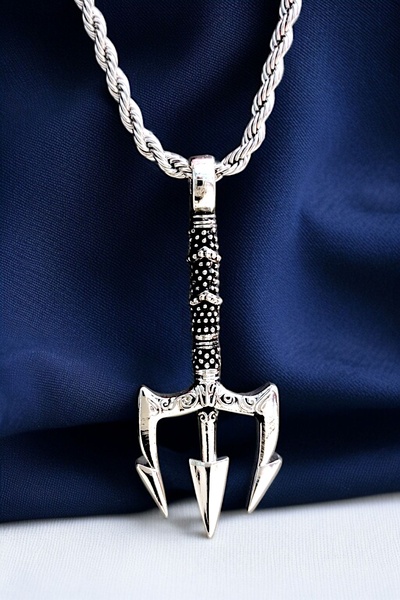 AK STORE SİLVER Gümüş Kaplama K-109 Krom-Çelik Erkek Kolye Madalyon Poseidon Mızrağı Otantik Gravür