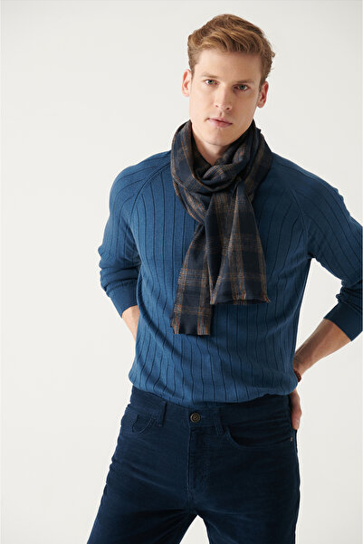 Avva Erkek İndigo Bisiklet Yaka Jakarlı Triko Kazak A22Y5179