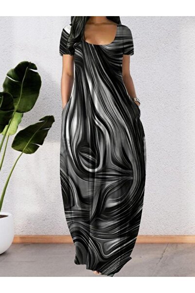 ESSFASIHON Дамска ежедневна рокля от Джърси с къс ръкав, обло деколте и джобове