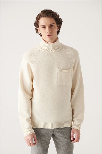 Avva Men's Ecru Full Turtleneck Reglan Sleeve Wool Sweater A22Y5036