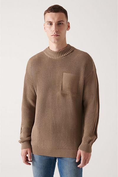 Avva Men's Mink Crew Neck Cotton Loose Knitwear Sweater A22Y5007