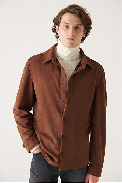 Avva Men's Brown Faux Suede Snap Button Shirt A22Y2017