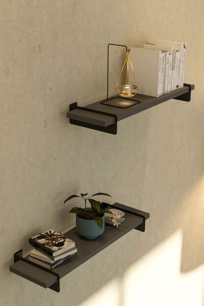 İda Wooden Alto Metal Leg Wall Shelf - Iron Leg Wall Bookcase 2 Pieces