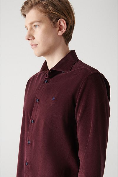 Avva Men's Burgundy Velvet Buttoned Collar Cotton Shirt A22Y2049