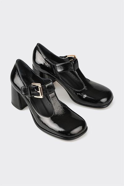 Elle Shoes حذاء بكعب نسائي من الجلد الأسود