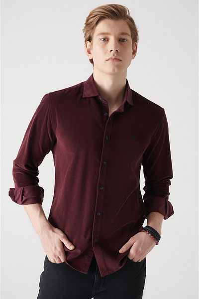 Avva Men's Burgundy Velvet Buttoned Collar Cotton Shirt A22Y2049