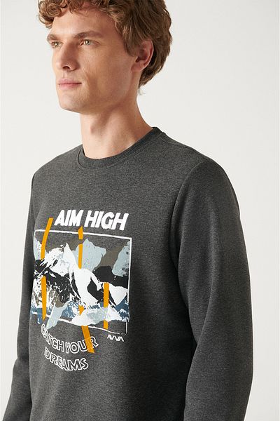 Avva Men's Anthracite Crew Neck 3 Thread Raised Printed Sweatshirt A22Y1248