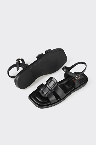 Elle Shoes Black Leather Women's Flat Sandals