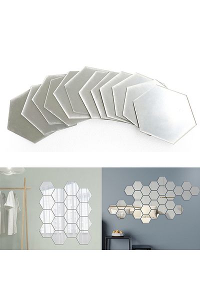 Bogadini Set 12 Oglinzi Acrilice Hexagonale – Decor Diy Pentru Perete, Detașabile, 11,5×9,5 Cm