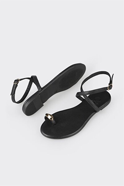 Elle Shoes Black Leather Women's Flat Flip Flops Sandals