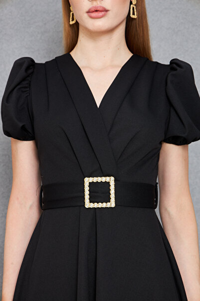 Secret Passion Lingerie Γυναικείο Σχέδιο Πέτρινης Ζώνης Μπαλόνι Μανίκι Διπλό Γιακά Μαύρο Μίνι Φόρεμα βραδινό φόρεμα 77125